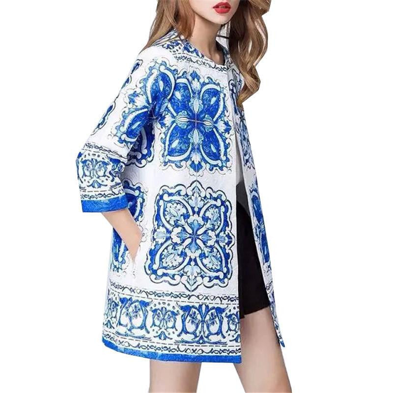 Women Blue White Trench Coat Casual Flower Print Outwear Coat Vintage Print Long Loose Cotton Cardigan