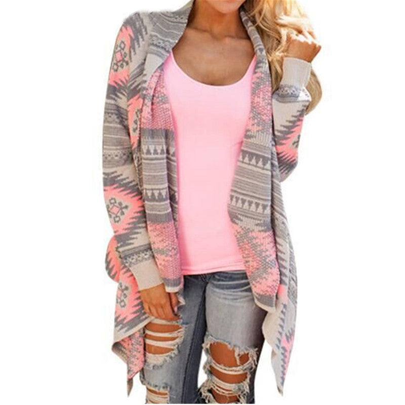 Online discount shop Australia - Cardigan Stylish Women Geometric Printed Long Sleeve Cotton Coat Knitted Poncho Tops Casual Blouse Shirt