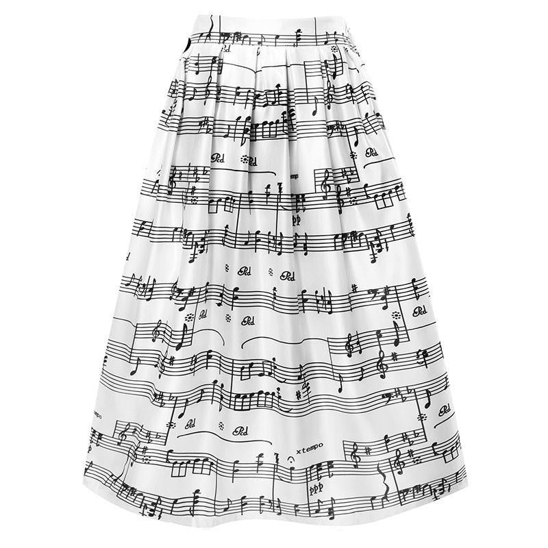 Vintage High Waist Print Music Notes Pleated Skater Flared Skirts