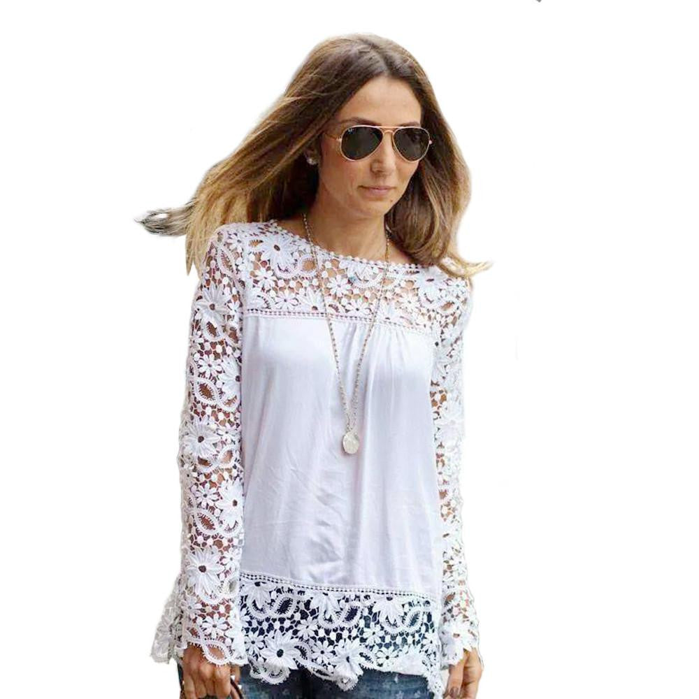 Women Sheer Sleeve Embroidery Lace Crochet Tee Chiffon Shirt Blouse Cool Long White Tops