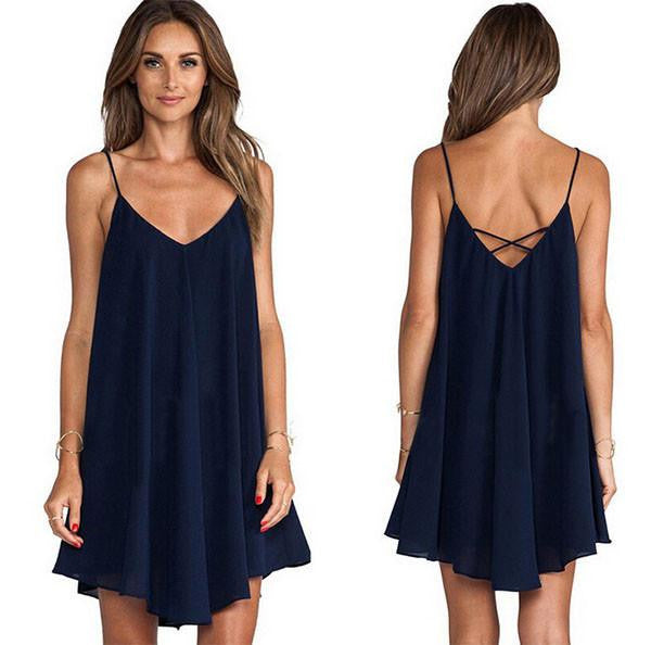 Women Chiffon Backless Dress Sling Strap Back Casual Club Party Dresses Summer Mini Vestido Clothes