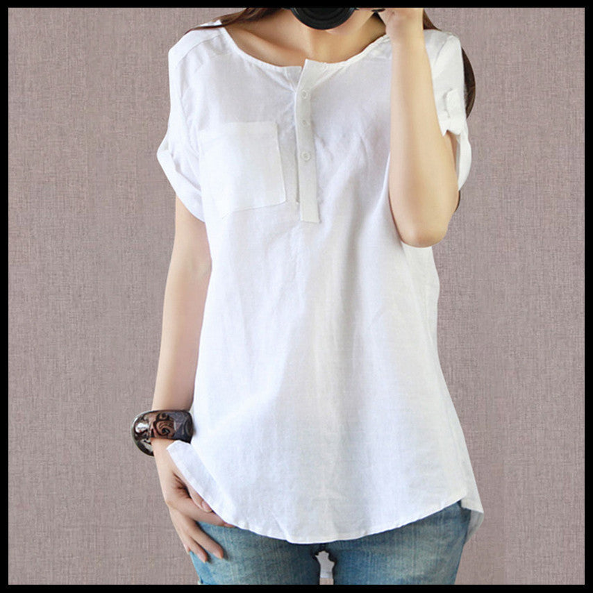 Large Size Women Loose Sen female Line Cotton Short-sleeved Blouse And Long Sections