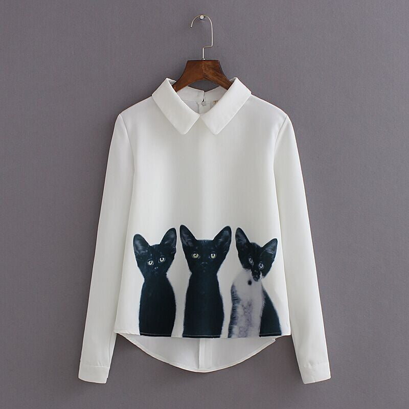 Fashion Cats Printed Pullover Shirts Long Sleeve Casual Women Korean White Blouse T2