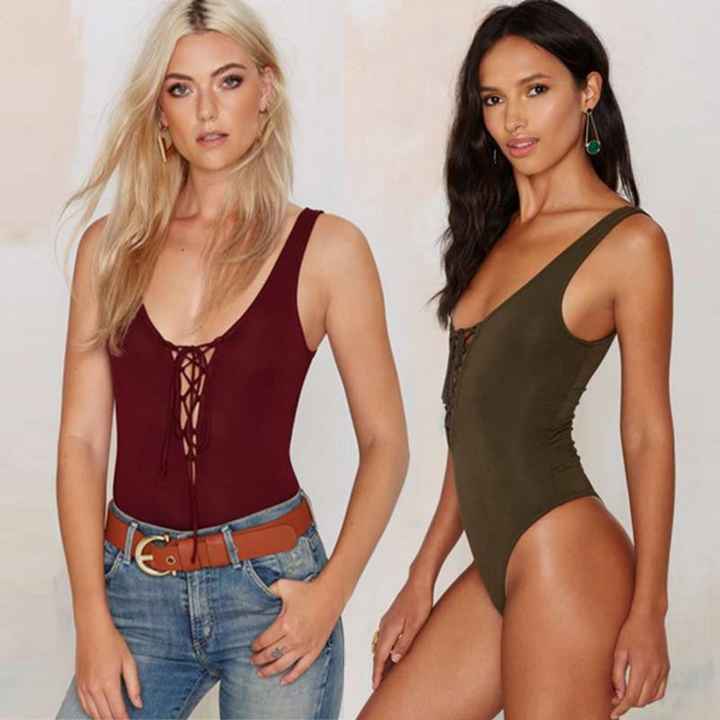 Plunge Lace-Up Tie V Neck Bodysuit Jumpsuit Leotard Tops Sleeveless Body Top Hollow Out Solid Shirt CL2478