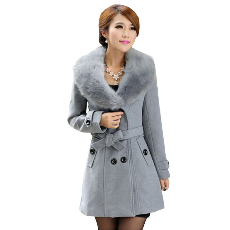 Plus Size M-5XL Coat Women Fashion Slim Big Fur Collar Double-Breasted Womens Wool Blended AE-ME-168