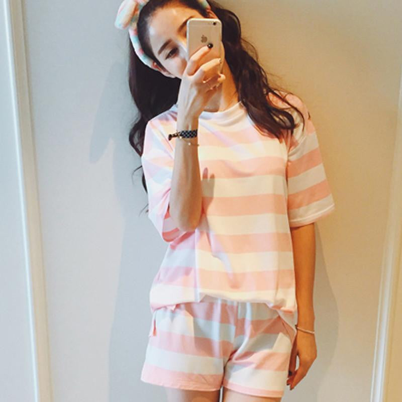 short sleeved women pajamas stripe silk lovely 90S sleepwear