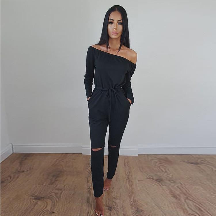 Women Jumpsuits Solid color Fashion Long sleeved Strapless Hole Straight collar Nightclub Romper Jumpsuit