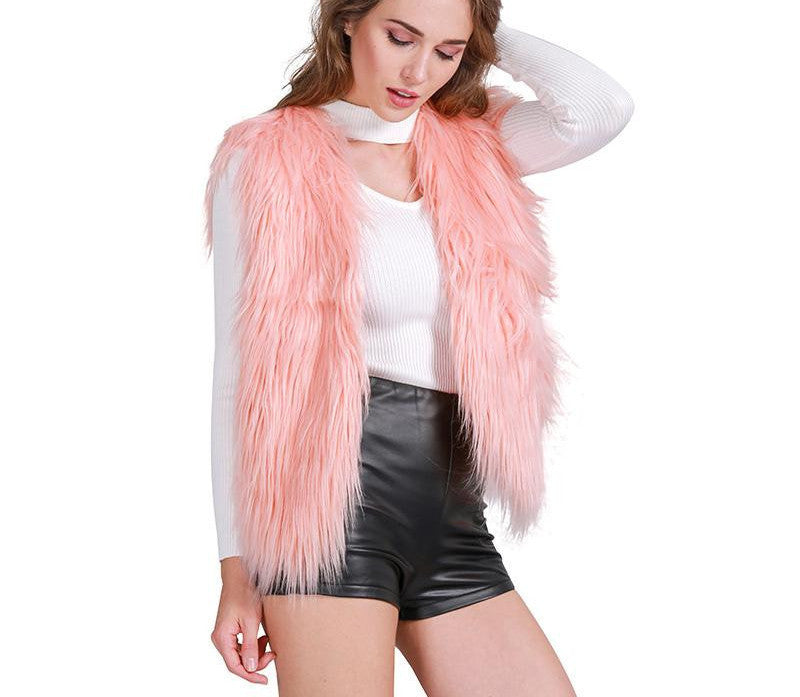 Simplee Casual fluffy pink elegant faux fur vest women jacket coat Soft warm sleeveless outwear black parkas