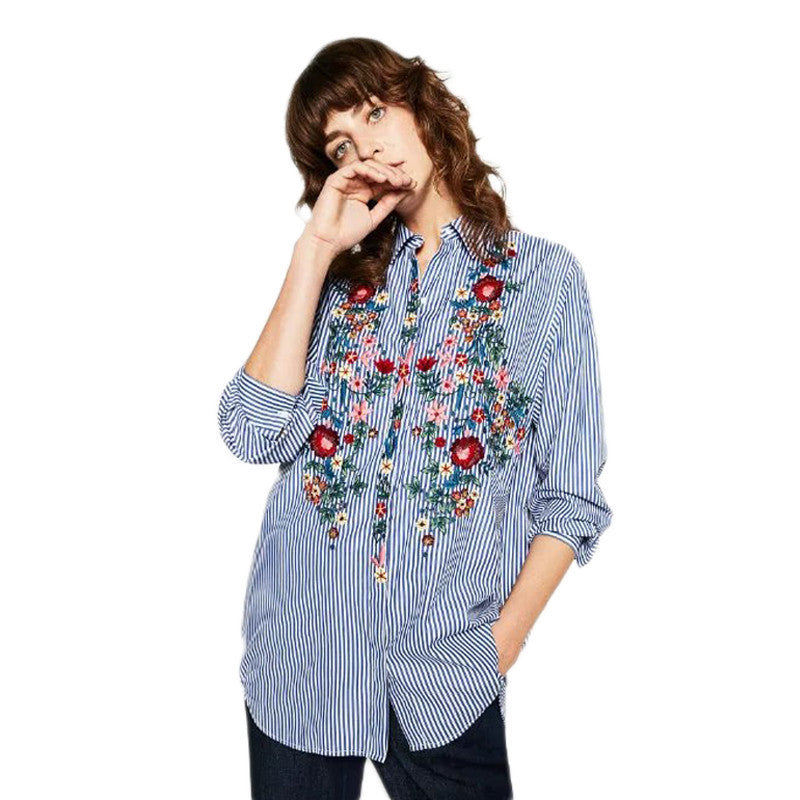 Blue Striped Floral Embroidery Ladies Blouses Formal Work Wear Office Women Cotton Shirt Women