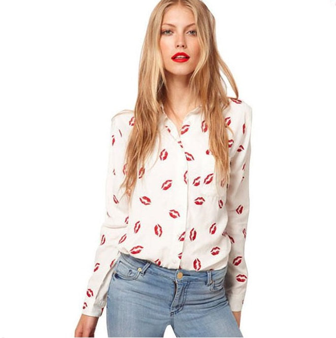 Hot Fashion Women Shirts Long Sleeve Casual Shirt Hot Lips Painted Lapel Chiffon Shirt Tops Luck Gifts