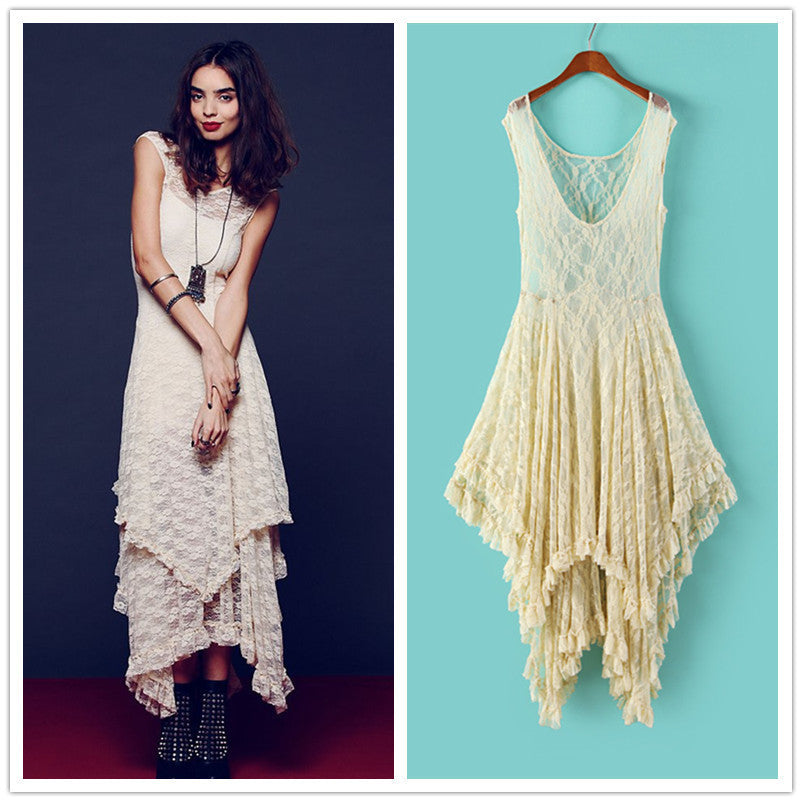 Online discount shop Australia - Irregular Lace Dress Boho Hippie Style Asymmetrical Embroidery Sheer Long Dresses Double Layered Ruffled Trimming Low No Lining