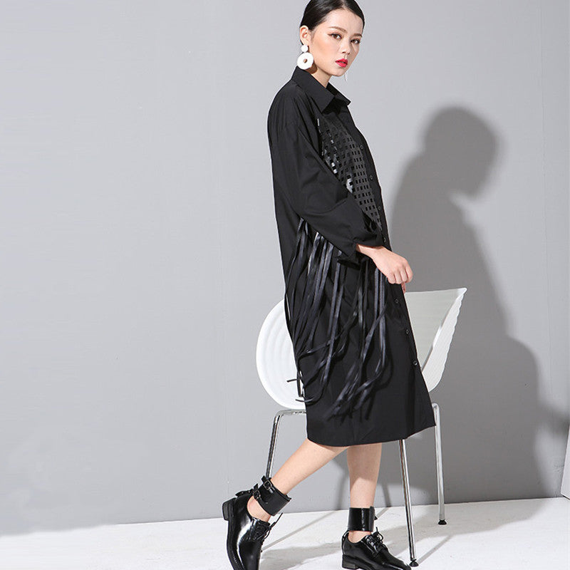 Tassel Version Big Long sleeve plus size cotton black Shirt Dress Tide Squares Loose blouse for woman-1C0261