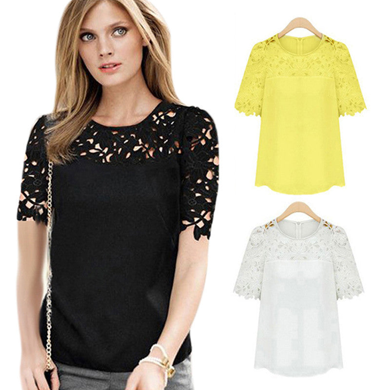 Online discount shop Australia - New  Round Neck Women Hollow Out Patchwork Lace Blouses com renda Short Sleeve Shirts moda Women Blouse