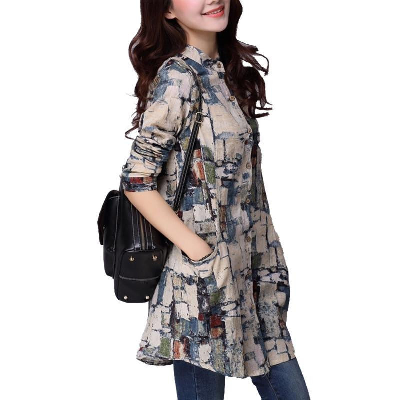 Women Shirts Linen Women Tops Long Sleeve Shirt Women Tribal Print Blouses Long Tunic Tops Female Clothing