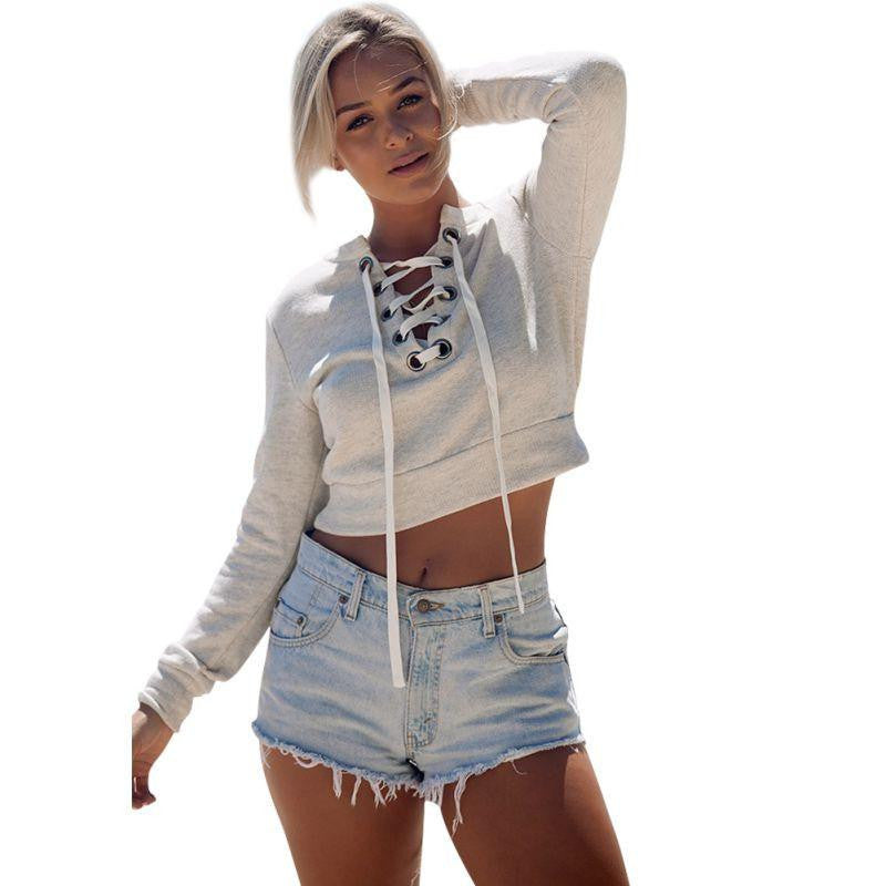 Women Lace up Tie Stretch Neckline Crop Tops Short Sweatshirt Lady Casual Blouse