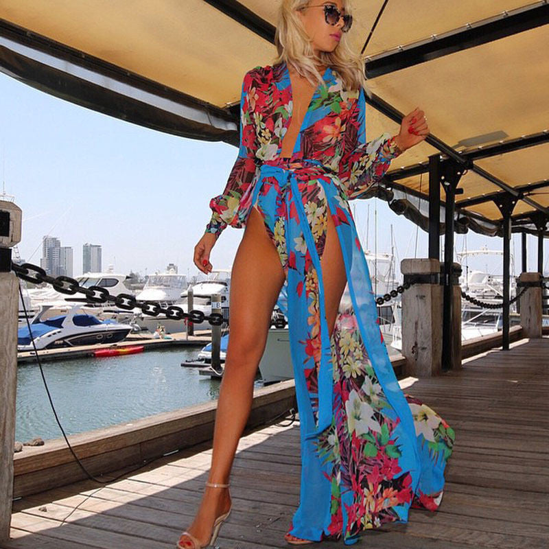 Stylish Bohemian Style Summer Chiffon Beach Party High Split Maxi Long Dress Women Deep V-Neck Floral Dress Vestidos