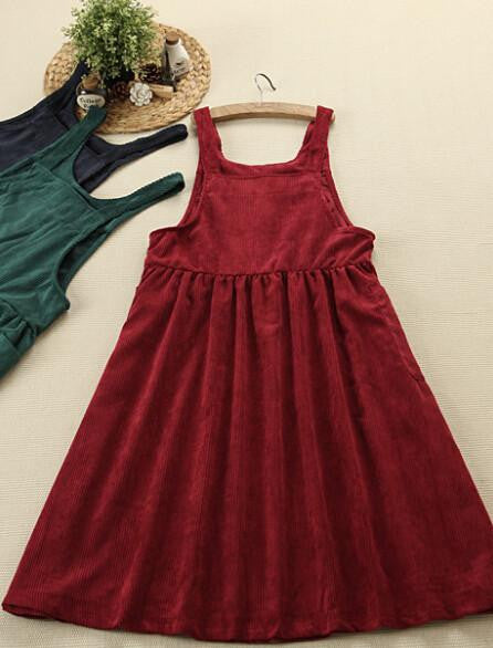 vintage Corduroy literary fresh solid wild long strap solid dress mori girl Summer