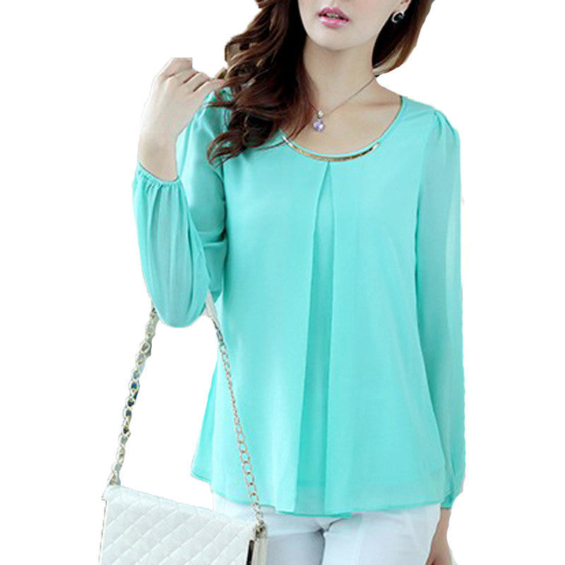 Chiffon Blouse Plus Women Blouses Candy Color Ruffles Long Sleeve Top Shirt