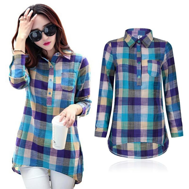 women plaid shirt fashion Collar long sleeve casual shirt women Top ing