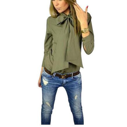 Online discount shop Australia - Fashion Women Blouse Work Shirt Solid Color Casual Slim Big Bowknot Shirts  Tops