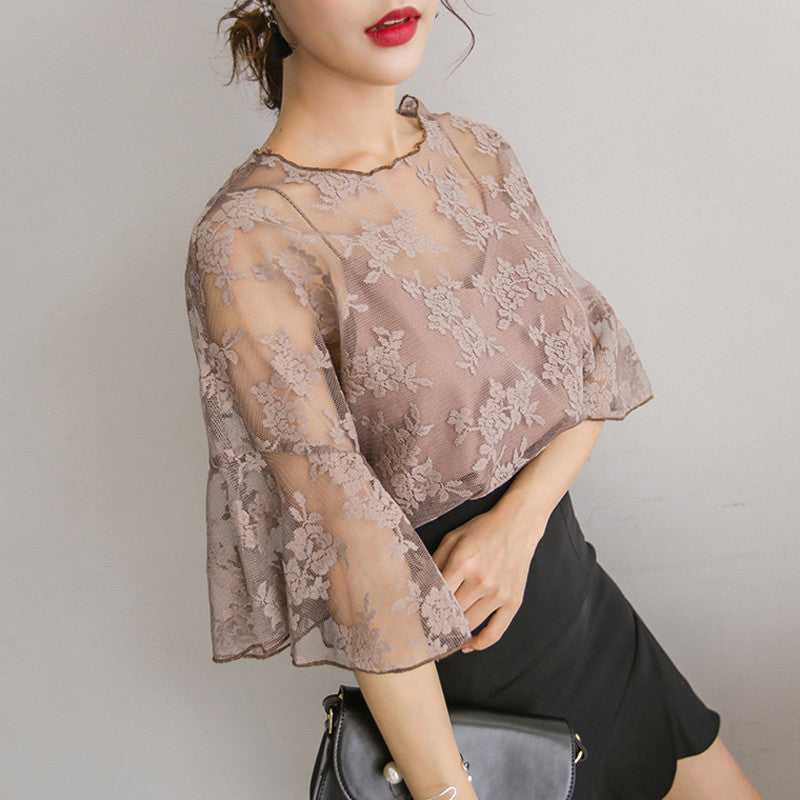 fashion Women O-Neck Tops wild small tape embroidered chiffon blouse Crochet lace Two-piece Trumpet sleeves