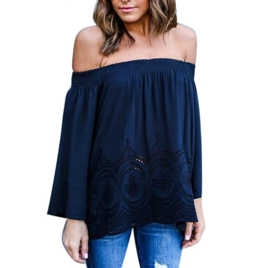 Online discount shop Australia - Brand Women Blouses Lace Floral Hollow Out Off Shoulder Tops