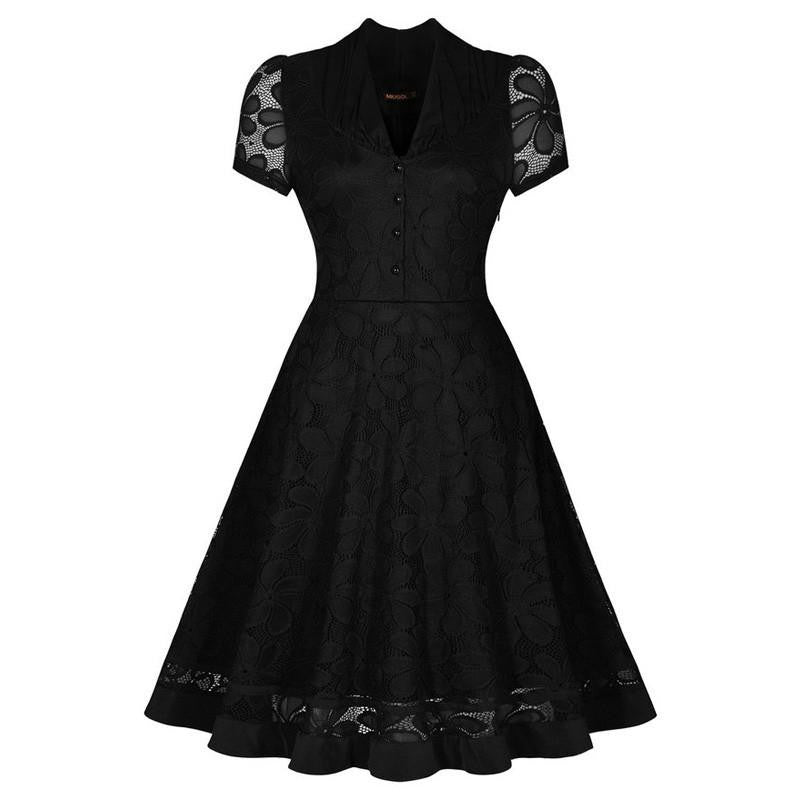 Womens Summer Dress Vintage V-Neck Cap Sleeve 1950s Hepburn Style Pin up Rockabilly Party Black Lace A-Line Dresses