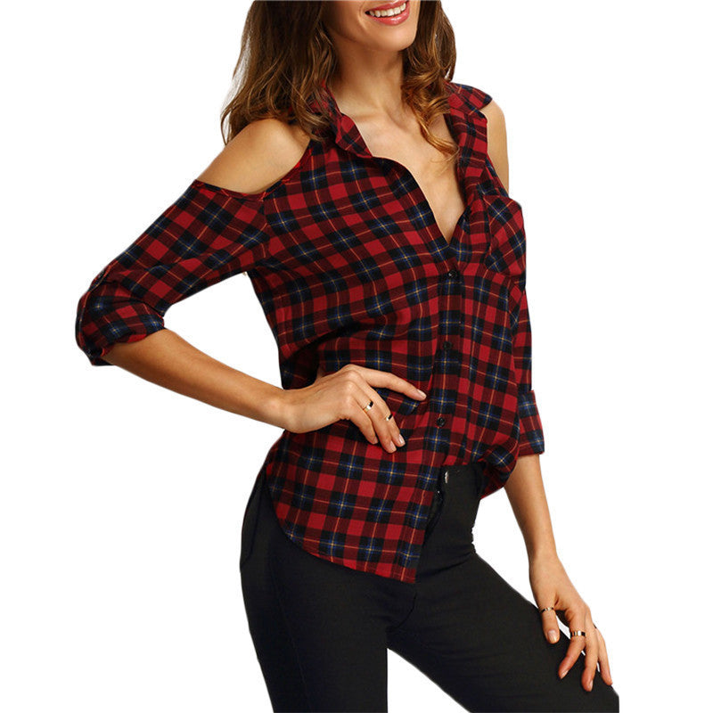 Open Shoulder Checked Woman Shirts Style Casual Women's Tops Lapel Long Sleeve Plaid Red Blouse