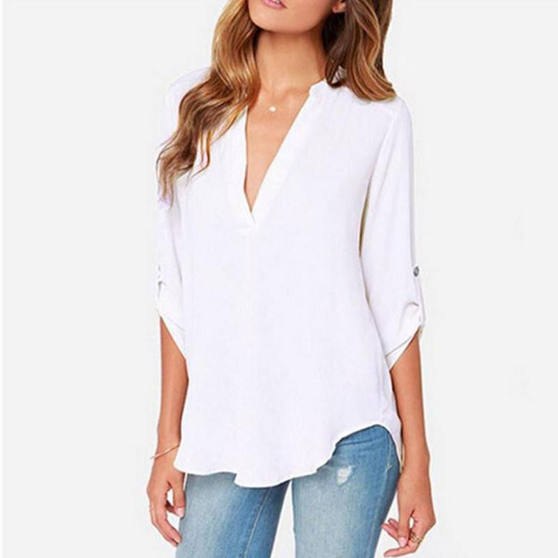 women clothes V-neck long-sleeved blouse wrinkled sleeve loose casual chiffon shirts women 7 colors