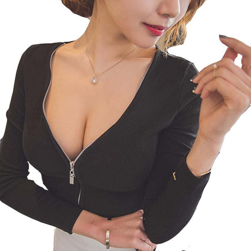 V Neck Front Zipper T Shirt Women Brand Crop Tops Long Sleeve Tee Tops Casual Slim Fit Solid Basic Shirt Blusa