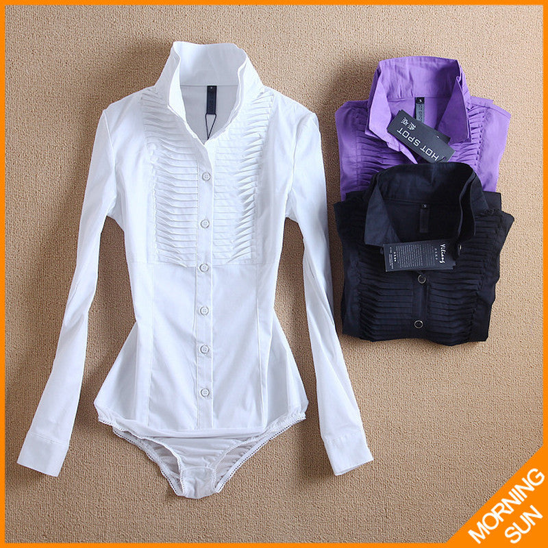 Online discount shop Australia - new arrival style Slim OL stand collar fold white black purple long women body shirt #4038