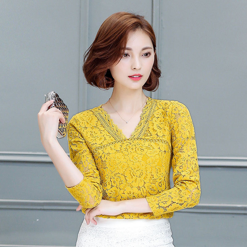 Women lace tops Fashion Elegant Slim Long-sleeved Women blouse shirt Solid color Plus size women