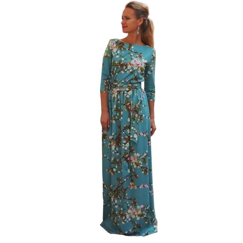 Women Maxi plus size dress longdess sky blue Three Quarter vintage flowers party print long dress Cosplay Longos