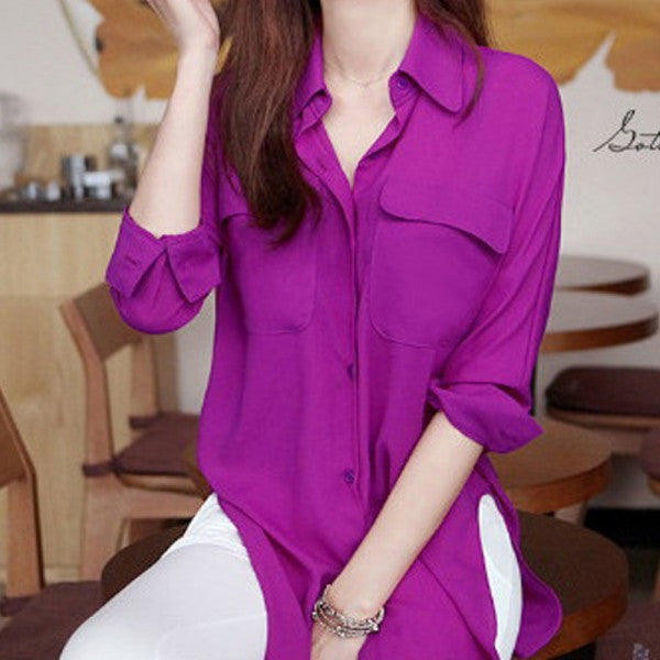 Vogue Women Long Sleeve Chiffon Shirt Turn-down Collar Solid Loose Top Blouse