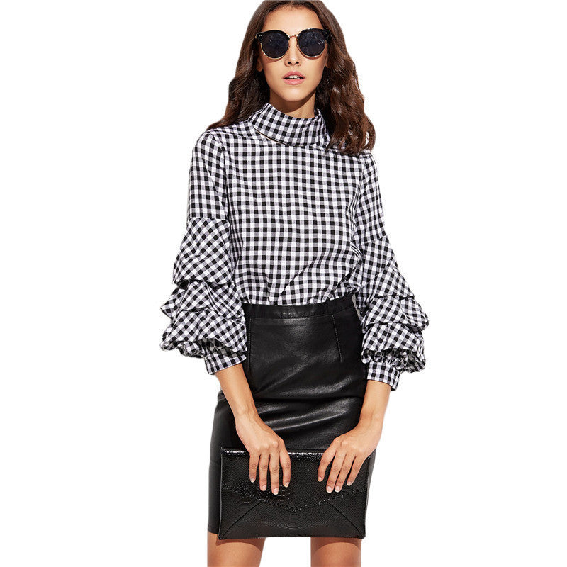 Online discount shop Australia - Ladies Office Women Blouses and Tops Black Gingham Cutout High Neck Billow Three Quarter Length Sleeve Plaid Blouse