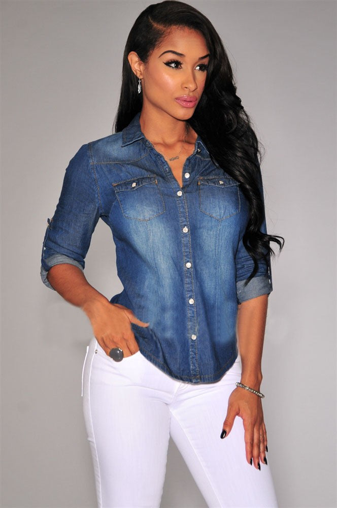 Casual Denim Ladies Shirt 100% cotton Women Denim Blouse Shirt Long Sleeve Double Pocket Women Casual Shirt Jeans Style