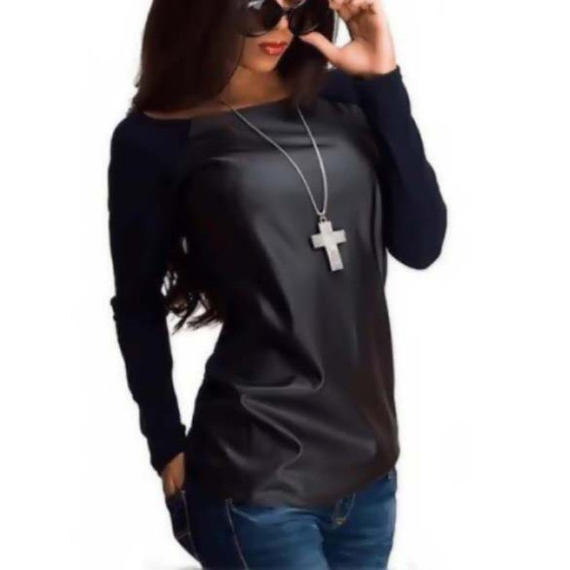 PU Leather Women Long Sleeve Crew Neck T-Shirt Slim Fit Tops