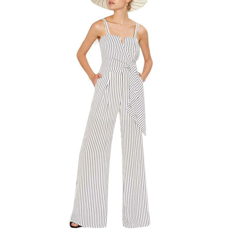 Online discount shop Australia - Fashion Women Off Shoulder Strap Playsuit Stripe Romper Long Wide Leg Jumpsuit