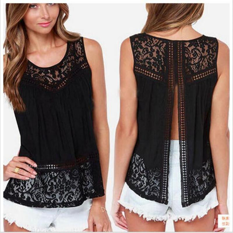 Women's Clothing Black Tops & Tees Tanks & Camis Fashion Vest Top Sleeveless Casual Hollow Out Lace Tank Tops Plus Size