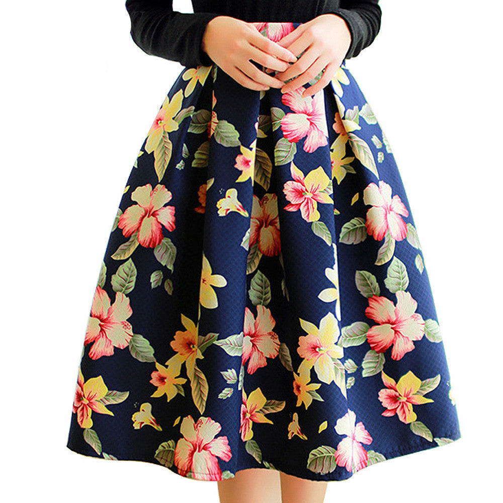 Online discount shop Australia - High Waist Pleated Midi Skirt 4 Color Women Floral Print Long Skirts Winter Skirts