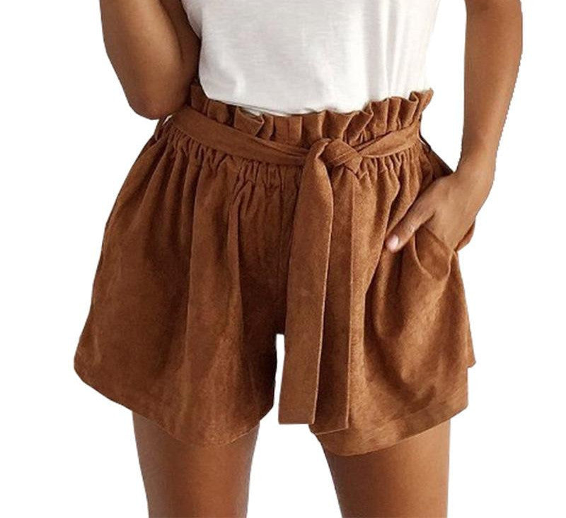Online discount shop Australia - BeAvant Fashion suede brown shorts women Vintage chic elastic waist sashes shorts Casual pocket cool shorts