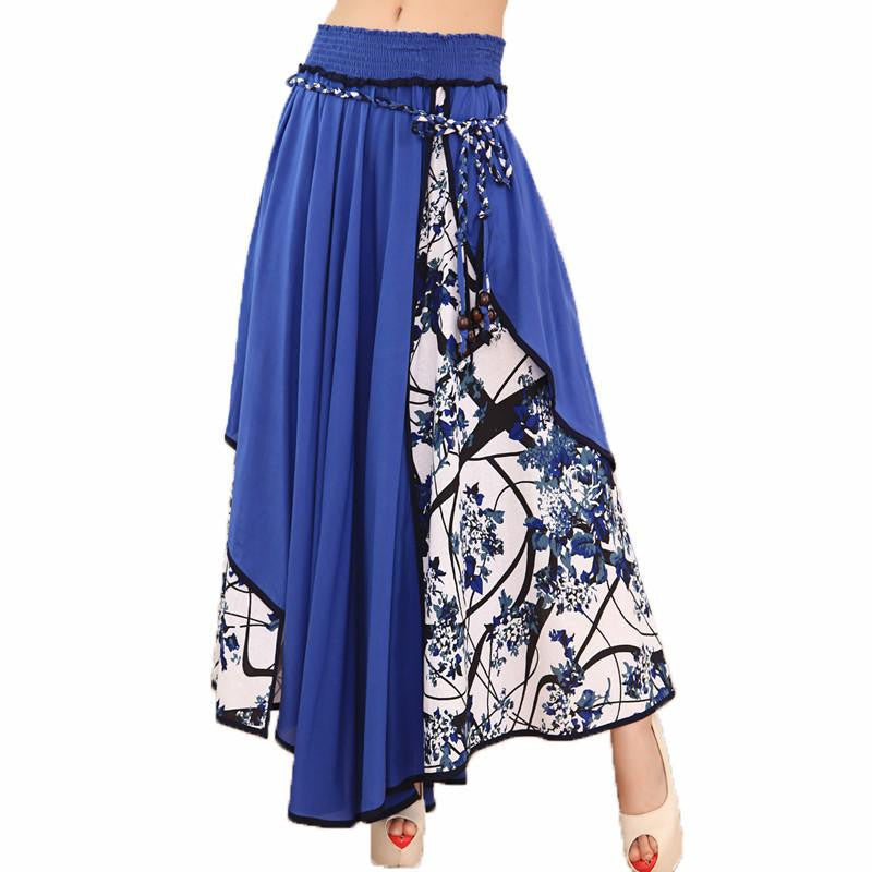 Women Skirt Casual Bohemian Floral Patchwork Asymmetric Long Skirt Pleated Big Hem