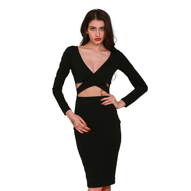 Simplee Apparel winter sexy women party knitted dress Long sleeve v neck bodycon dress Hole fall dress vestidos de fiesta