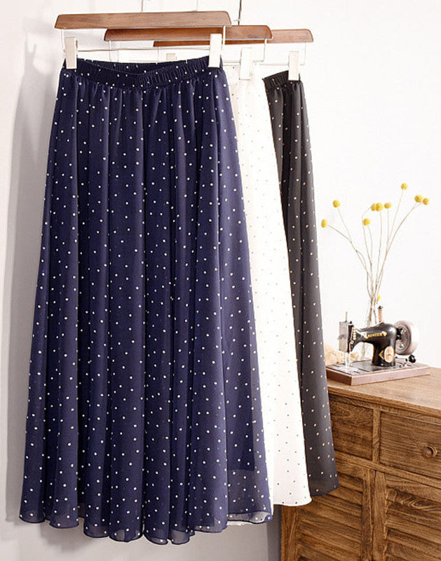 Fashion Women's Elegant Dot Print Chiffon 3 Layers Long Skirt Ladies Slim High-Waist Elastic Waist Pleated Skirts SK16