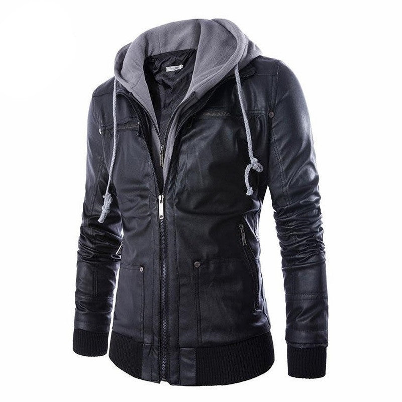 Plus Size 4XL Detachable Hooded Men Faux Leather Jacket Black Biker Motorcycle Mens PU Leather Coat Slim