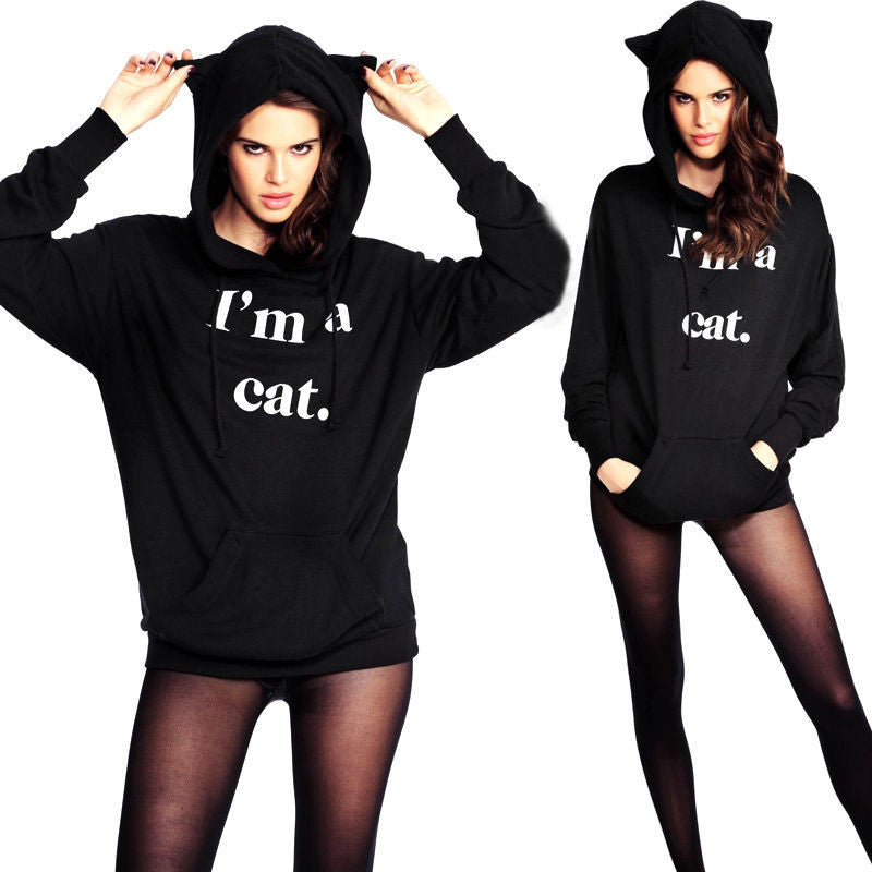 Online discount shop Australia - Black Cat Ear Women Hoodies with Hood Warm Long sleeve Sweatshirt Casual Cute Outwear