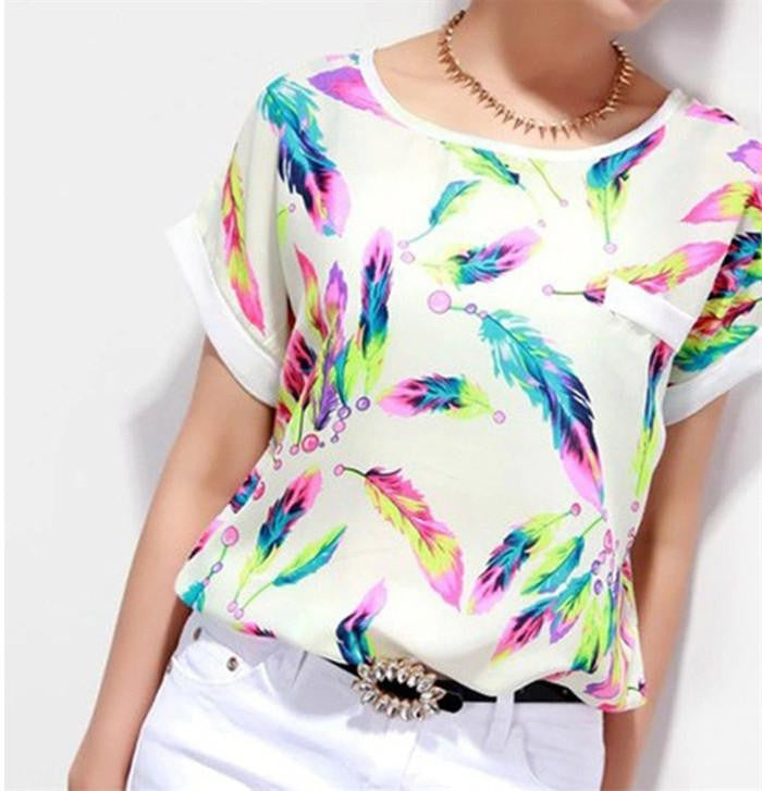 Women Chiffon Blouses Tops Ladies Loose Short Sleeve Feather Printed Blouse & Shirts Plus Size