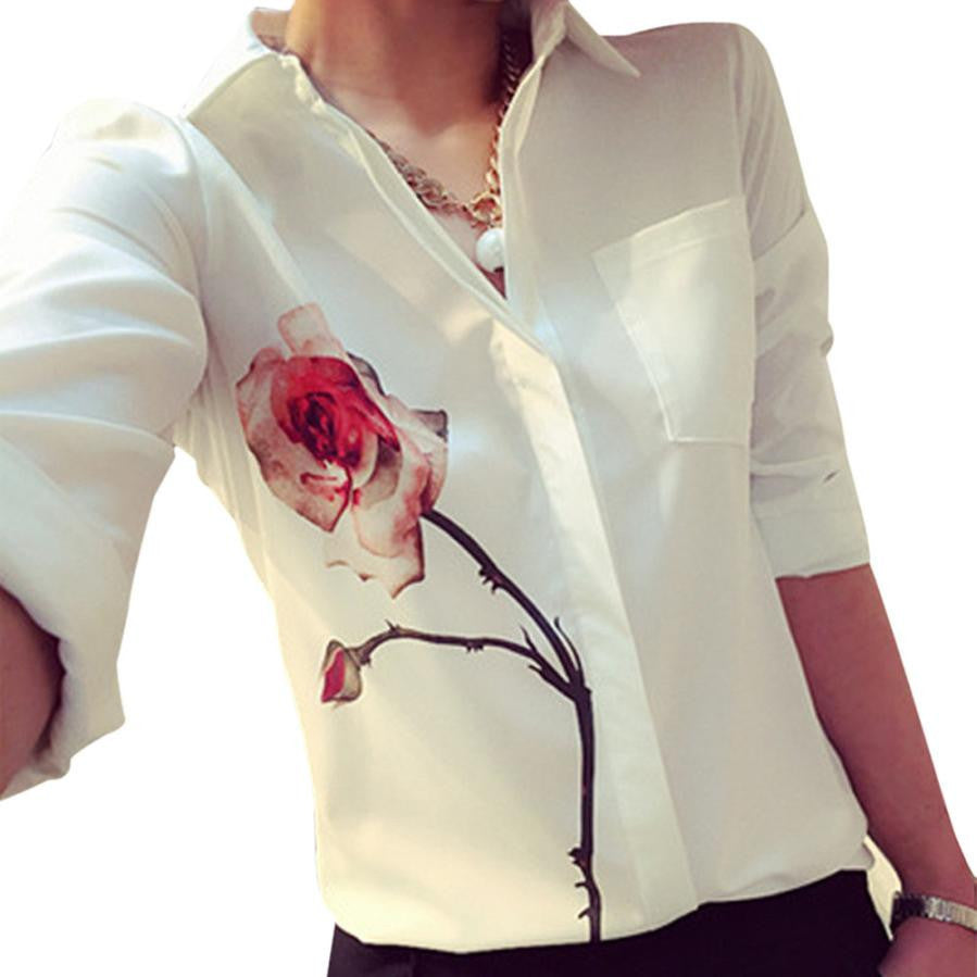 Online discount shop Australia - Elegant Lady OL Dress Shirts Women's Long Sleeve Flower Print Blouse Women Fashion Rose Lapel Collar Chiffon Blouses Tops