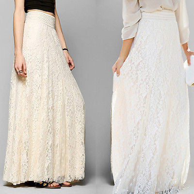 Online discount shop Australia - Fashion Womens Lace Skirt Double Layer Elastic High Waist Beige Elegant Ladies Maxi Long Skirts saias beach
