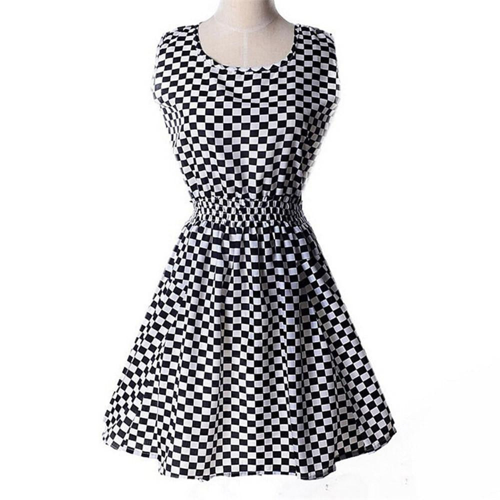 Summer Style Dress Women Dresses Check Lattice Pattern Chiffon Sleeveless Plus Size XXL Black White IDJG001#12